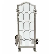 5 Piece Leaded Glass Pewter Fireplace Tool Set - F-1679