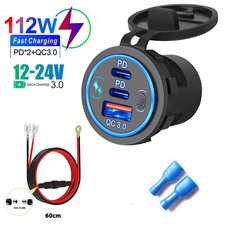 Image of 112W 3 Port Car Charger Socket PD QC 3.0 USB 12V 24V Boat Motorcycle