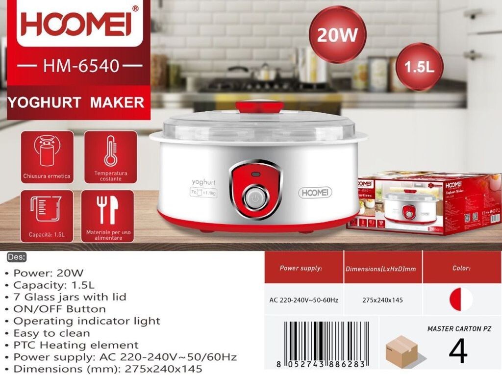 HOOMEI HM-6540 Yogurtiera Professionale Casa 7 Vasetti Vetro 1.5L 20W