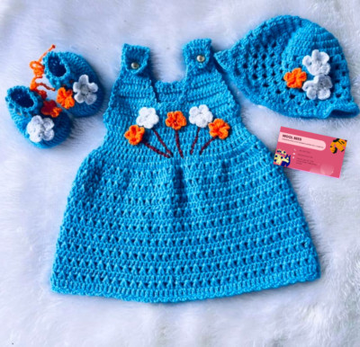 0-3 Months - Handmade Baby Girl Crochet Dress Set | Blue Frock, Hat & Booties