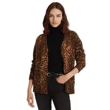 Ralph Lauren Cardigan Sweater Ocelot Print Wool V Neck Women's Top Size XS NEW