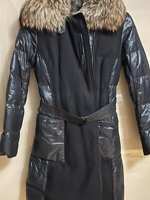 Womens ADD Black Belted Goose Down Mixed Media Puffer Coat Hooded Sz US4 EUC