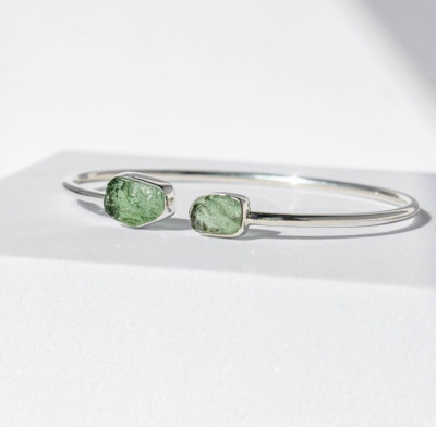 Natural Moldavite Raw Bangle, 925 Sterling Silver Bracelet, Handmade Jewelry