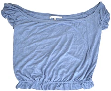 Studio M Cap-Sleeve Raw Edge Blouson Top XS Stretch Knit Ruffle Heather Blue 