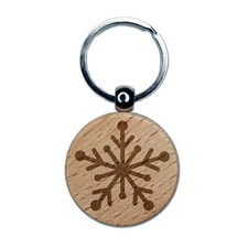 Star Snowflake Winter Engraved Wood Round Keychain Tag Charm