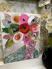 FLORAL PAINTING Original Art Collage Mixed Media Artwork Abstract OOAK Signed