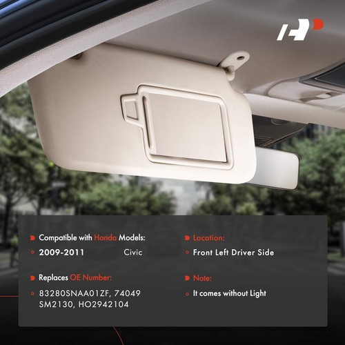 A-Premium Front Left DriverSide Beige Sun Visor w/ Mirror for Honda Civic 09-11 - Picture 2 of 8