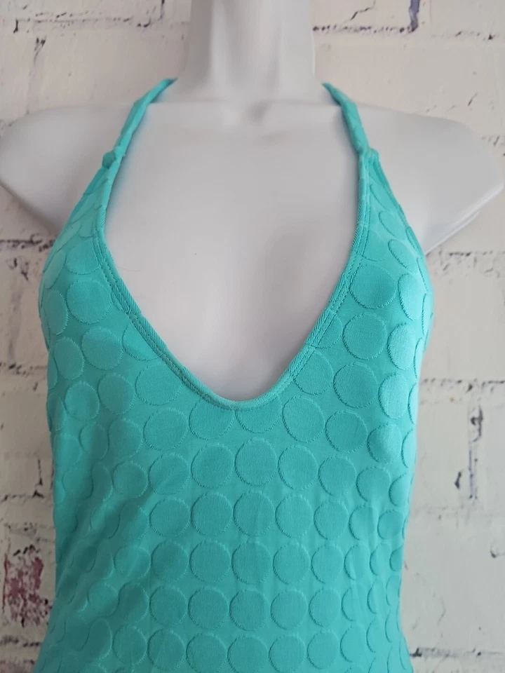 La Blanca Seafoam Green Polka-Dot One Piece Swimsuit Medium Halter Tie Lined - Image 2 of 4