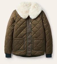 Boden Hollie Quilted Jacket Khaki Green Faux Fur Collar Rrp £150 Uk 10