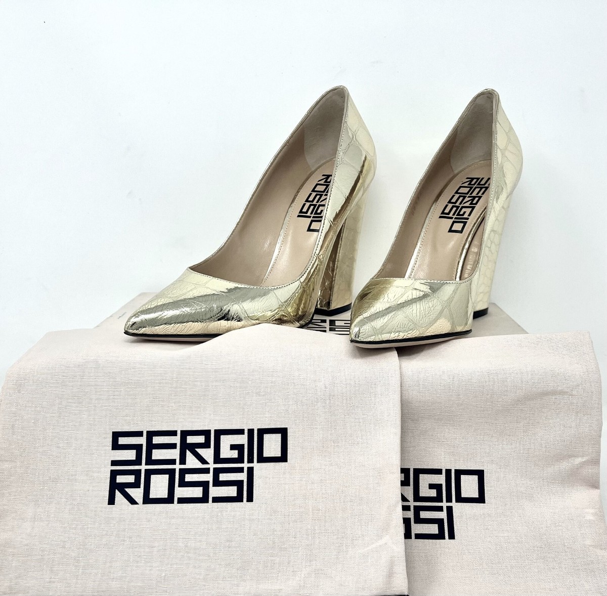 Sergio Rossi Sergio 105 Gold Croc Leather Block Heel Pumps Women's