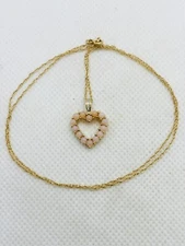 Solid 14k Y Gold Pink Coral & Diamond Heart Pendant Necklace 18” 2.5g Signed CRP