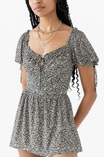 Urban Outfitters Black Floral Romper M NWT Puff Sleeve Boho Mini Dress Coquette