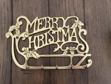 Vintage Merry Christmas Brass Wall Key Rack Hook Holder Farmhouse