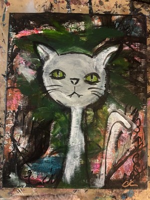 Funky Cat Painting C. Churchill Signed Original Mixed Media Art 8x 10 Inch