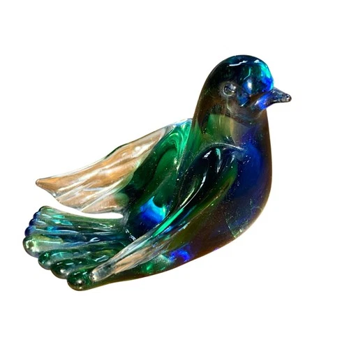 Murano Green & Blue Sommerso Dove Bird Vintage MCM Italian Art Glass Decor