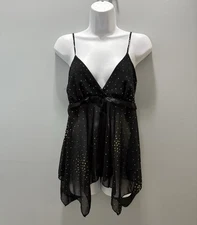 Vtg Y2K Rampage Babydoll Tank M Black Gold Glitter Sheer Whimsigoth Mystical