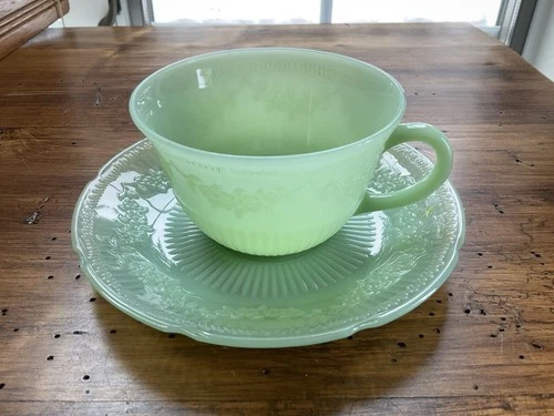 Vintage Fire King Alice Pattern, Jadite Cup And Saucer