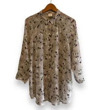 Cabi Womens Floral Print Button Down Shirt Tunic Top Size XL Sheer Long Sleeve
