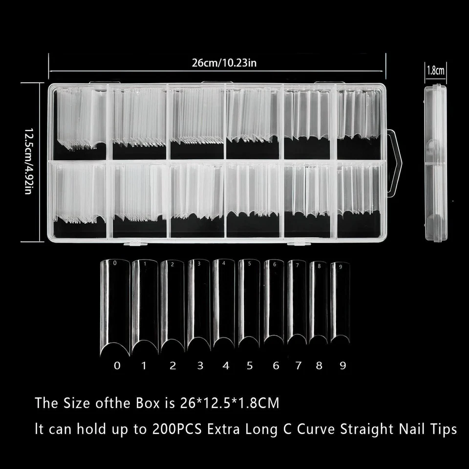 200 Pcs Clear Acrylic Extra Long Straight Square Nail Tips, C Curve Full Cover - Image 2 of 4