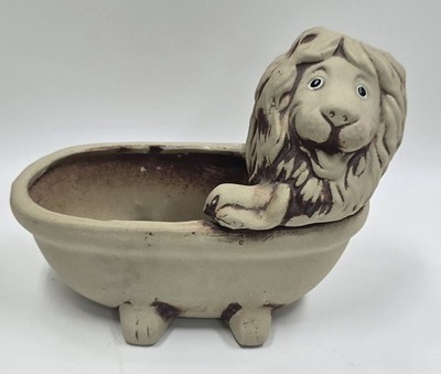 Vintage MCM Lion in a Bathtub Art Pottery Planter 8  x 5.5  Succulent 