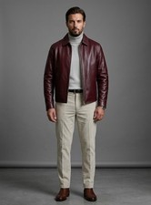 Men's Burgundy Leather Jacket Slim Fit Genuine Lambskin Shirt Collar Coat