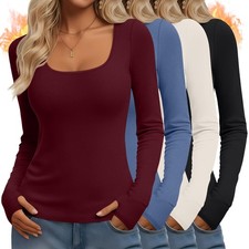 4 Pack Women's Thermal Long Sleeve Shirts Fleece Scoop Neck Tops Slim Fit Und...