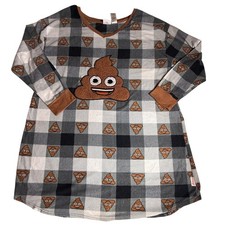 Emoji Brand Plaid Poop Embellished Sleep Shirt Nightgown Long Sleeve Women's-961