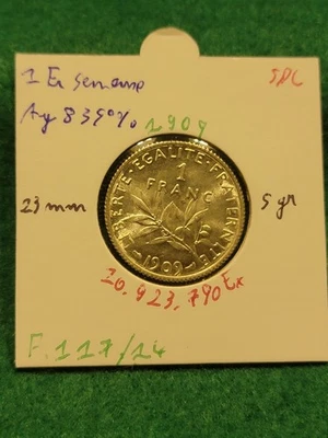 1 Franc Semeuse 1909 état SPL+/FDC - Photo 1/2