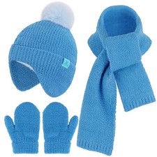 Toddler Kids Winter Hats Mittens Gloves Scarf Warm Ear Flaps Baby One Size Blue