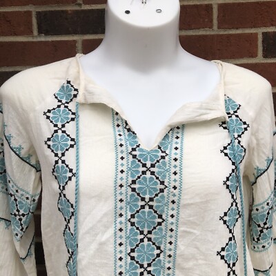 Star Mela Embroidered Mini Dress Womens Small Cream Blue Tassel Long Sleeve  Boho | eBay