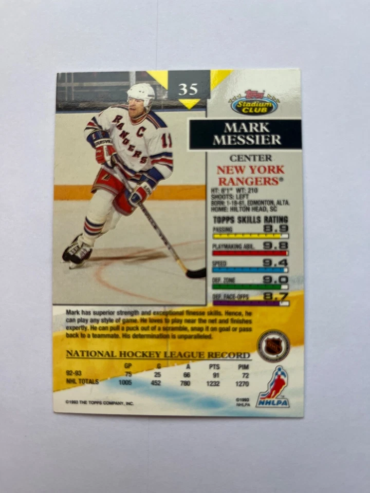 Mark Messier 1993-94 Topps Stadium Club Hockey #35 New York Rangers NM-MT+ - Image 2 of 2