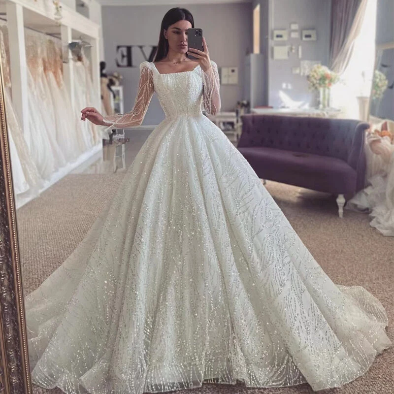 Polyester Square Neck Long Sleeve Wedding Dresses for sale | eBay