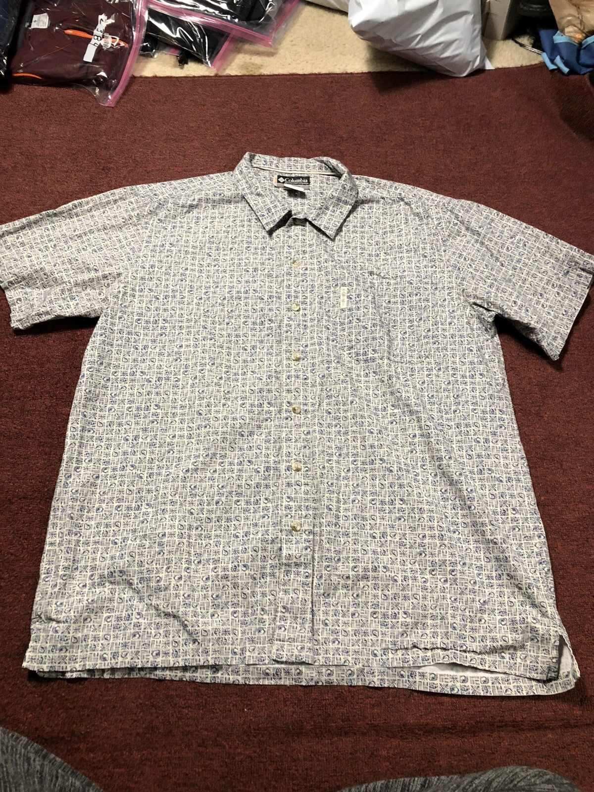 Columbia Shirt Button Down Fish Print Shirt Sz 2XL Color Ivory/blue