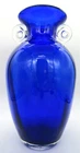 Vintage Blenko Style Cobalt Blue Applied Handles Glass Large Vase 11 3/4" High