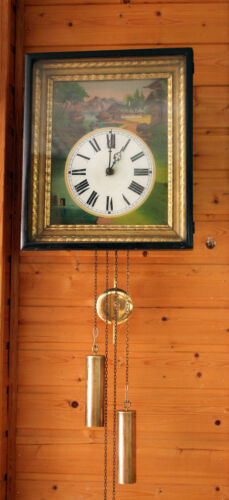 Horloge de peinture allemande base bois mouvement 1850 - Photo 1 sur 10
