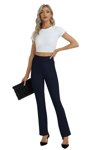 Women Bussiness Slacks Pant Soft Comfy Elastic Casual Stretch Bootcut Trousers - Picture 53 of 66
