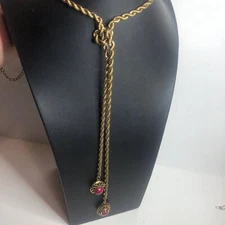 3898 Chico's gold tone twist rope chain lariat pink stone necklace 28"