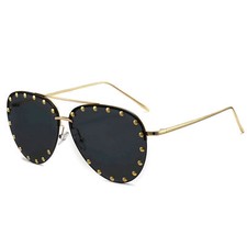 Trendy Gold Frame Black Oversized Gold Studded Aviator Women Fashion Sunglasses
