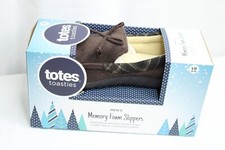 Totes Toasties Memory Foam Slippers Men's Large 9-10 Brown w Plaid Trim Faux Fur