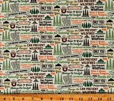 Cotton Smokey the Bear Words Cream Fabric Print by Yard D787.15