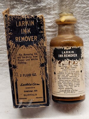 LARKIN INK REMOVER BOTTLE WITH ORIGINAL PAPER LABEL AND BOX EMPTY