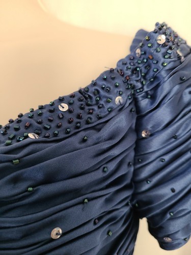 Montage Collection by Mon Cheri Silk Royal Blue Sequins Beads Long Dress Size 8 - Picture 4 of 7