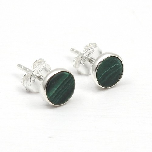 Minimalist Natural Malachite Solid 925 Silver Stud Earrings Women Gift Jewelry - Picture 3 of 9