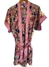 Vintage CIRCA 2000 Peignoir Set Sz M Pink Roses Floral Short Slip Nightie Robe