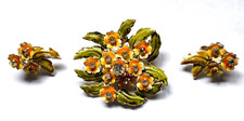 Vintage Signed Coro Enmael & Rhinestone Flower Brooches & Earrings
