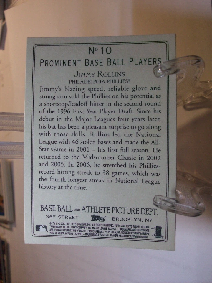 2007 Topps Turkey Red Baseball Card #10 Jimmy Rollins (92618) - Image 2 of 2