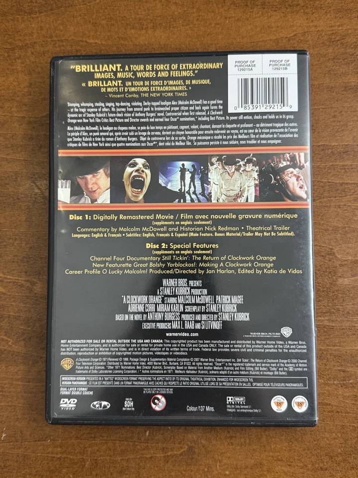 A Clockwork Orange 1971 DVD Stanley Kubrick Drama 2-Disc Special Edition - Image 2 of 4