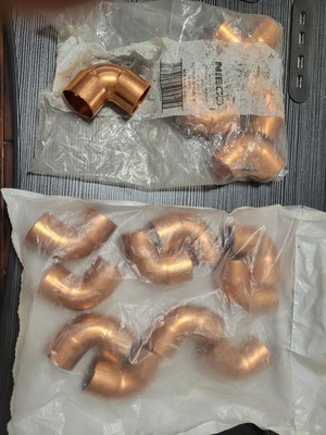 15 Pieces Nibco & Mueller 1'' CxC 1-1/8'' OD / CNC Copper 90° Elbow Fittings
