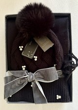 NWT Vince Camuto Ivory Beanie Scarf Embellished Rhinestones Faux Fur Pom Rayon