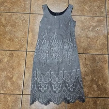 Vintage 90s Lace Dress Onyx Nite Doily Midi Size 13/14 Gray Black Floral Flapper